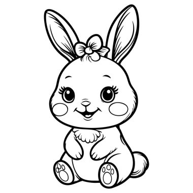 Başında yay olan sevimli tavşan yuvarlak yanakları ve boyama sayfaları için mükemmel gülüşü var.