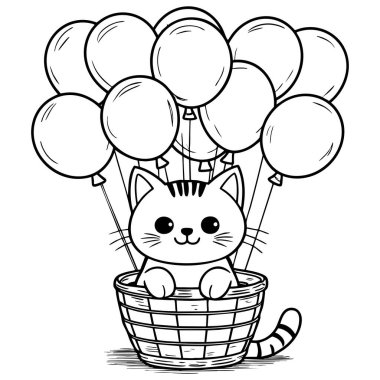 Sevimli kedi sepetin içinde oturmuş balonlarla uçuyor. Çocuk boyama aktiviteleri için mükemmel.