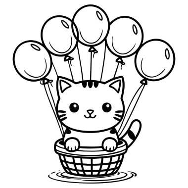Sevimli kedi sepetinde geziyor. Balonlarla kaldırılıyor. Çocukların eğlence sayfası için mükemmel.