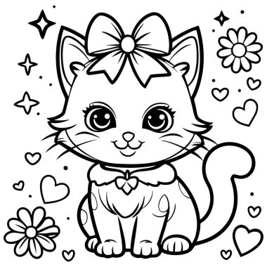 Etrafı çiçeklerle ve kalplerle çevrili sevimli kedi çocukları boyamak için mükemmel.