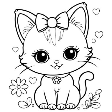 Çocuklar için yay ve kalp taşıyan sevimli kawai kedisi.