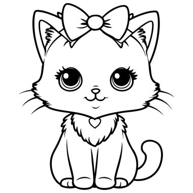 Renklendirme faaliyetleri için yay ve kalp kolyesi olan tatlı kedi yavrusu