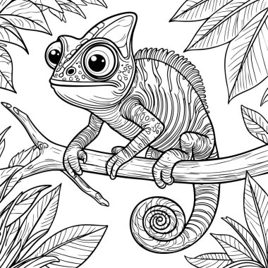 Kıvrık kuyruklu bukalemun, çocuklar ve yetişkinler için renk versin diye ana hatlarıyla detaylandırılmış.