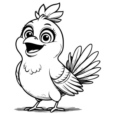 Çizgi film kuşu kuyruk tüyleriyle gülümsüyor. Renklendirmek için mükemmel.