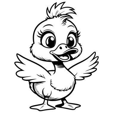 Kanatları açık gülümseyen sevimli ördek yavrusu neşeli duruşu var.