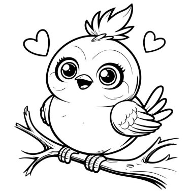 Etrafında çocuklar için mükemmel kalpler olan bir dalda oturan sevimli küçük kuş.