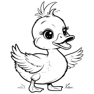 Sevimli ördek yavrusu, kanatları açık, gülümseyen yüz boyama ve eğlenceli öğrenme için mükemmel.