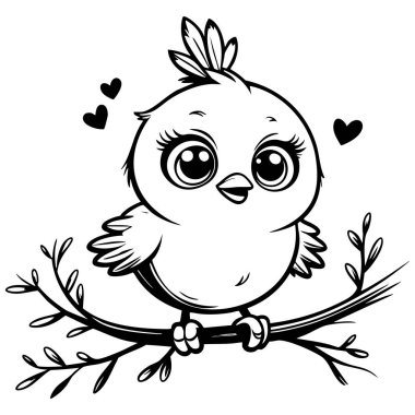 Kocaman gözleri olan güzel bir çizgi film kuşu. Etrafı çocukların boyayacağı kalplerle çevrili.
