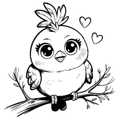 Büyük gözlü, gülümseyen bir piliç dalda oturuyor. Çocuklar için mükemmel.