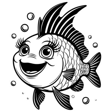 Çocuklar için köpüklü, gülen karikatür balığı çocuklar için eğlenceli boyama sayfası