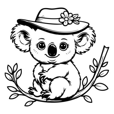 Çizgi film koalası, çocuk boyama sayfaları için mükemmel bir şapka ve çiçekle dalda oturuyor.