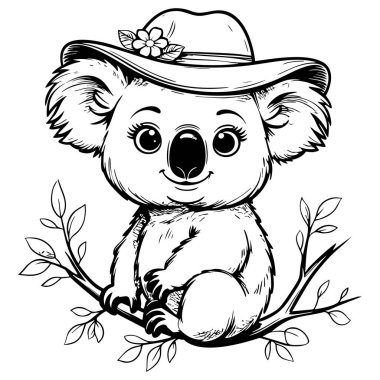 Çocuk kitapları boyamak için dizayn edilmiş çiçek şapkalı sevimli koala.