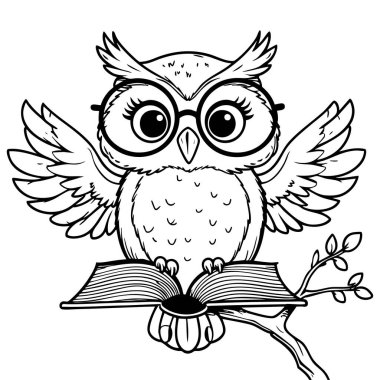 Gözlüklü çizgi film baykuşu çocuk boyama aktiviteleri için harika bir dal üzerinde oturuyor.