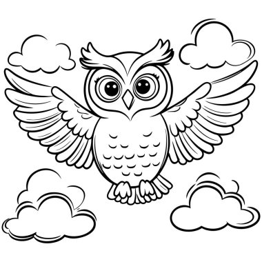 Çocuklar ve öğrenme aktiviteleri için mükemmel bulutları olan eğlenceli baykuş boyama sayfası