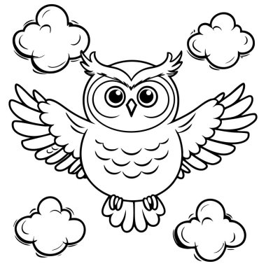 Bulutlarla uçan sevimli baykuş çizgi film stili boyama çocuklar için sayfa eğlencesi