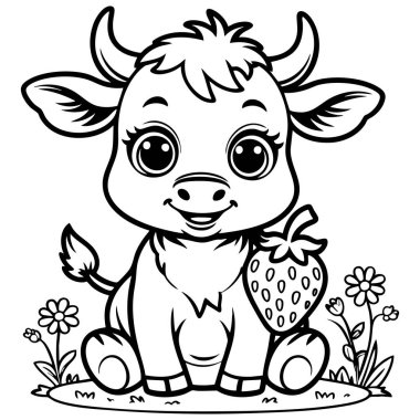 Bahçede çilek tutan sevimli bebek inek çocuk boyama sayfaları için mükemmel.