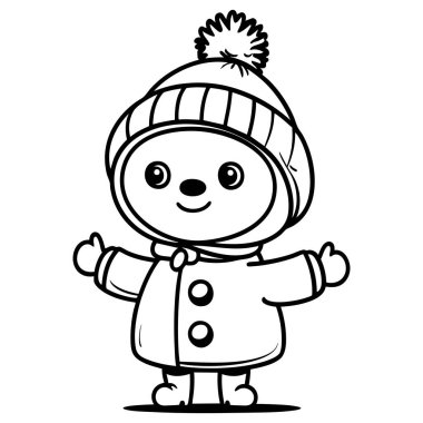 Şapkalı ve ceketli çizgi film ayısı kış temalı çocuk boyama sayfası için mükemmel.