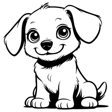 Büyük gözlü sevimli köpek yavrusu çocuk boyama etkinliği için mutlu ve neşeli oturuyor.