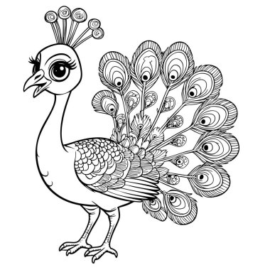 Çocuklar ve yetişkinler için harika tüyleri olan zarif tavus kuşu boyama sayfası.