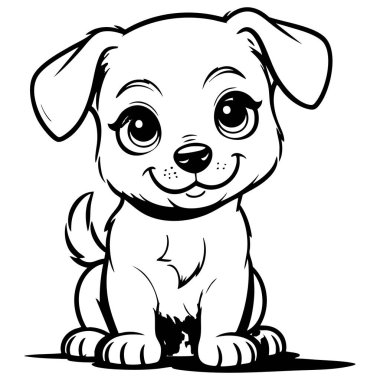 Büyük gözleri ve sarkık kulakları olan sevimli köpek yavrusu çocukları boyamak için mutlu mesut oturuyor.