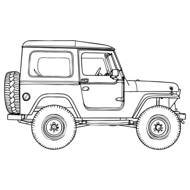 Ayrıntılı tasarım eğlencesi ve eğitim aktivitesi olan çocuklar için Jeep araba boyama sayfası