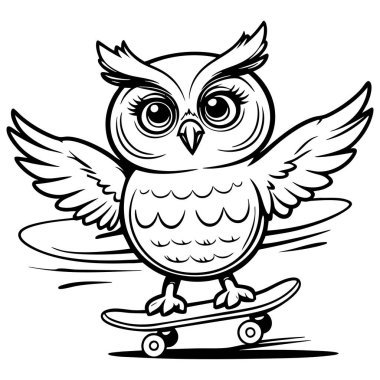 Şirin baykuş çizgi filmi kaykay sürüyor. Kanatları renkli olmak için açık oyuncu tasarımı var.