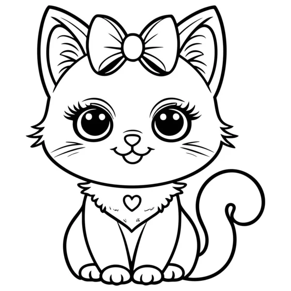 Tatlı kawaii kediciği, büyük gözlü ve sevimli fiyonklu eğlenceli çocuklar için sayfaları boyamak için mükemmel.