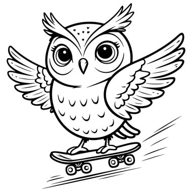 Büyük gözlü, kanatlı bir kaykaya binen eğlenceli çizgi film baykuşu çocuk boyama faaliyetleri için mükemmel.