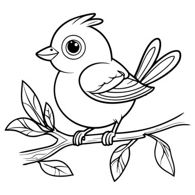 Çocuk boyama faaliyetleri için tasarlanmış dalda oturan tüylü, gülen çizgi film kuşu.