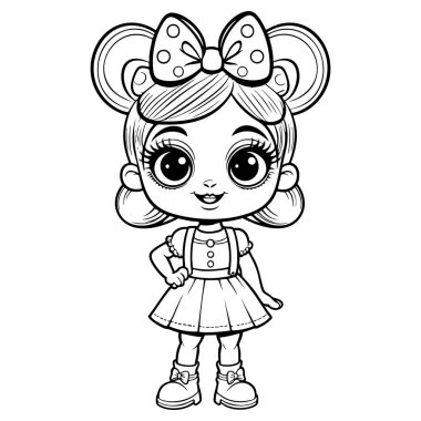 Eğlenceli çocuklar için büyük yay ve elbisesi olan sevimli bir kız boyama aktiviteleri ve yaratıcı çizim sayfaları