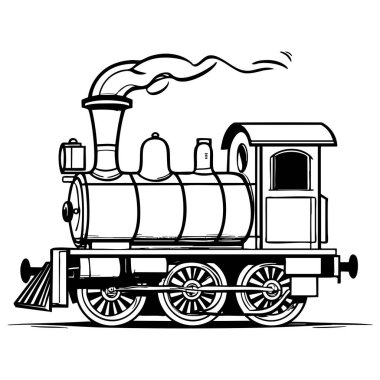 Baca dumanı ve tekerlekleri olan basit buhar treni çocukların boyama sayfası ve demiryolu eğlencesi için mükemmeldir.