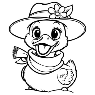 Mutlu ördek boyamak için büyük bir şapka ve eşarp takıyor.