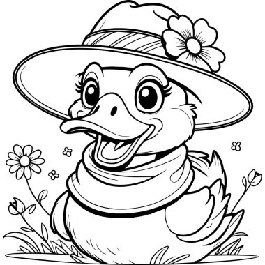 Etrafta çiçeklerle şapkalı ve eşarplı gülümseyen ördek