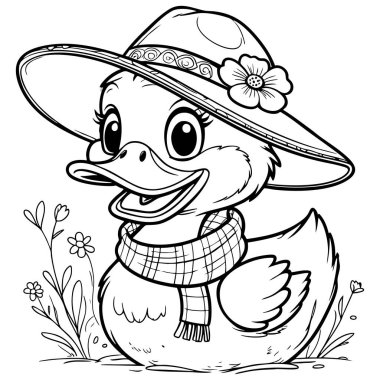 Çiçek bahçesinde oturan şapkalı ve atkılı şirin ördek.