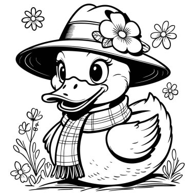 Çiçekler arasında çiçek şapkası ve eşarbı olan sevimli ördek.