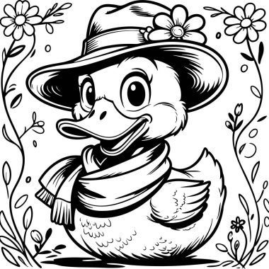 Çocuklar için boyama sayfası olarak etrafında çiçekler ve şapka takan büyük gözlü komik ördek.
