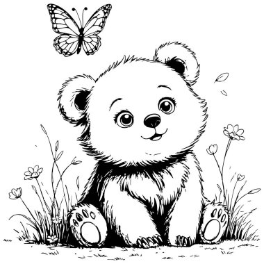 Sevimli ayı yavrusu kafasının üstünde kelebekle çimenlerde oturuyor.