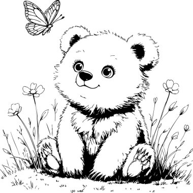 Çiçeklerin içinde oturmuş kelebeğin gökyüzünde usulca uçuşunu seyreden tatlı küçük ayı.