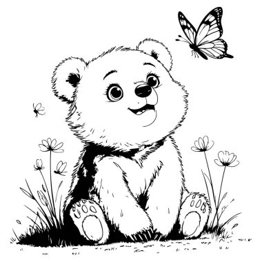 Çimenlerde oturan neşeli ayı yavrusu baharda çayırda kelebeğe mutlu bir şekilde gülümsüyor.