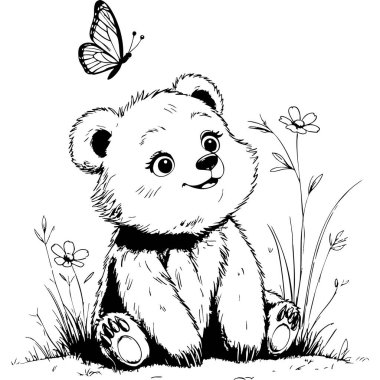 Çimenlerde oturan sevimli küçük ayı baharda uçan kelebeğe mutlu bir şekilde bakıyor.