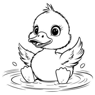 Sevimli ördek yavrusu kanatlarını açmış, mutlu bir şekilde su sıçratıyor.