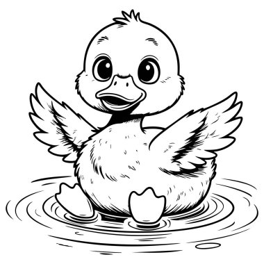 Büyük gözleri olan ördek yavrusu etrafa su sıçratırken mutlu bir şekilde gülümsüyor.