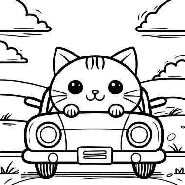 Çizgi film kedisi mutlu bir şekilde oturur ve küçük bir araba kullanır.