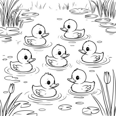 Altı sevimli ördek yavrusu gölette mutlu bir şekilde yüzüyor