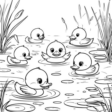 Bir grup şirin ördek yavrusu havuzda yüzüyor. Renklendirmek için nilüfer yaprağı ve kamışlarla.