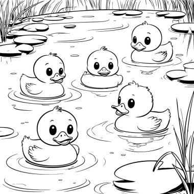 Beş sevimli ördek yavrusu havuzda yüzüyor çocuklar için nilüferlerin arasında