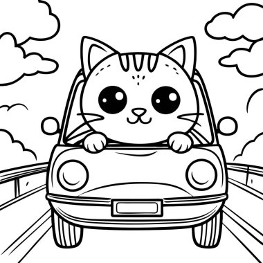 Büyük gözleri olan sevimli bir kedi, çocukları boyamak için mükemmel bir araba kullanıyor.