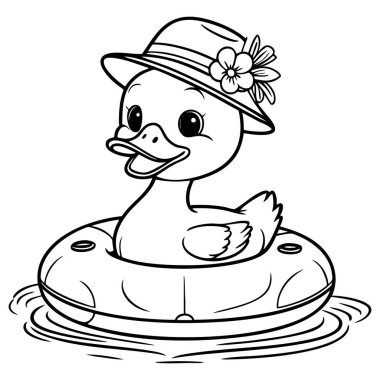 Yüzme havuzunda yüzen çiçekli şapka takan ördek.