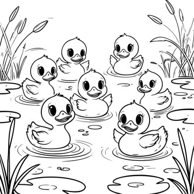 Altı gülen ördek yavrusu çimenlerin ve nilüferlerin arasında neşeyle yüzüyor.