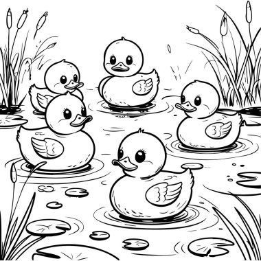 Etrafı ot ve sazlıklarla çevrili zambak havuzunda yüzen beş sevimli ördek yavrusu.
